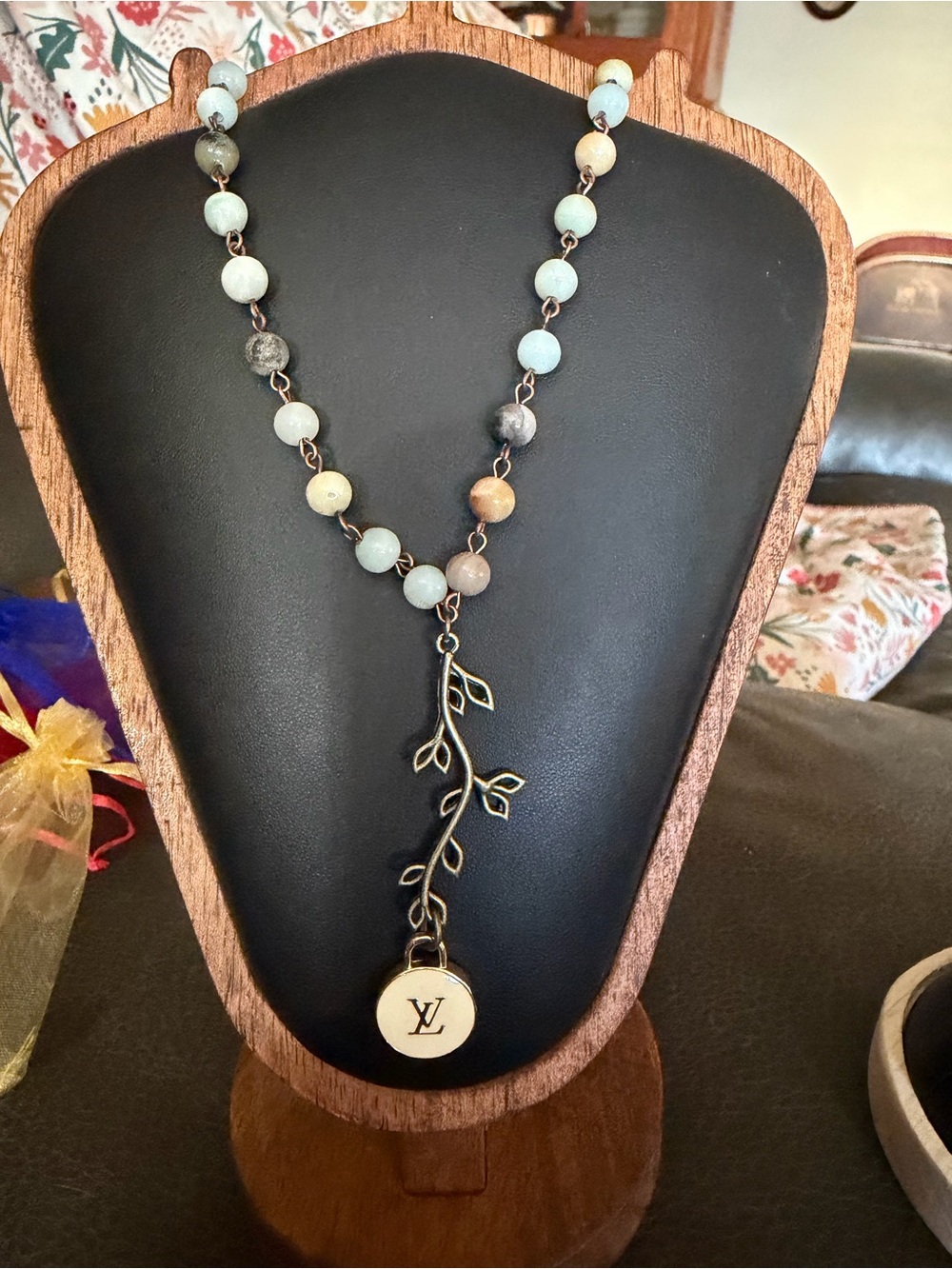 Designer Inspired Aqua Beaded Leaf Pendant Necklace